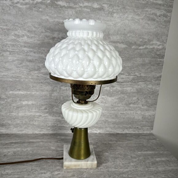 Unbranded Other - Vtg Art Milk Glass Diamond Quilted Shade Brass Parlor Lamp w/ Marble Base